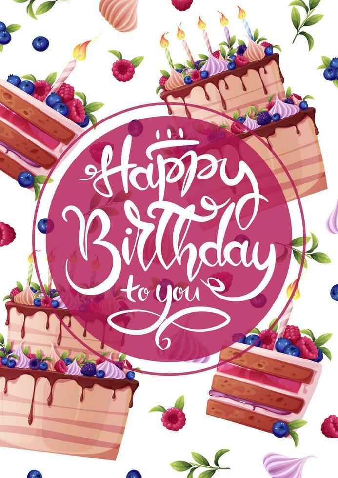 Birthday greeting card template. Banner, flyer with a cake decorated with cream, raspberries, blueberries and a candle. Happy birthday Invitation design for holiday, anniversary, party vector