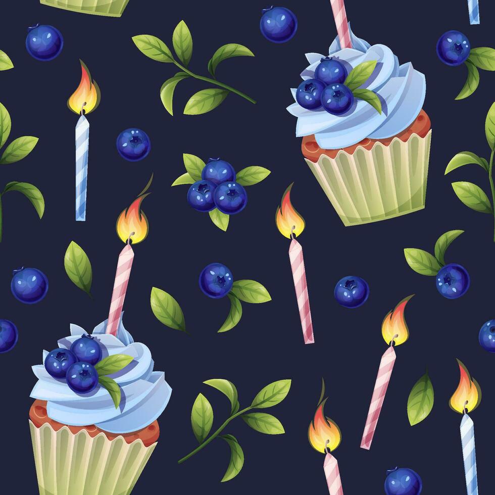 Seamless pattern with cupcake decorated with cream, blueberries and a birthday candle. Background with birthday muffin decoration. Festive texture for wrapping paper, cards, fabric, wallpaper. vector