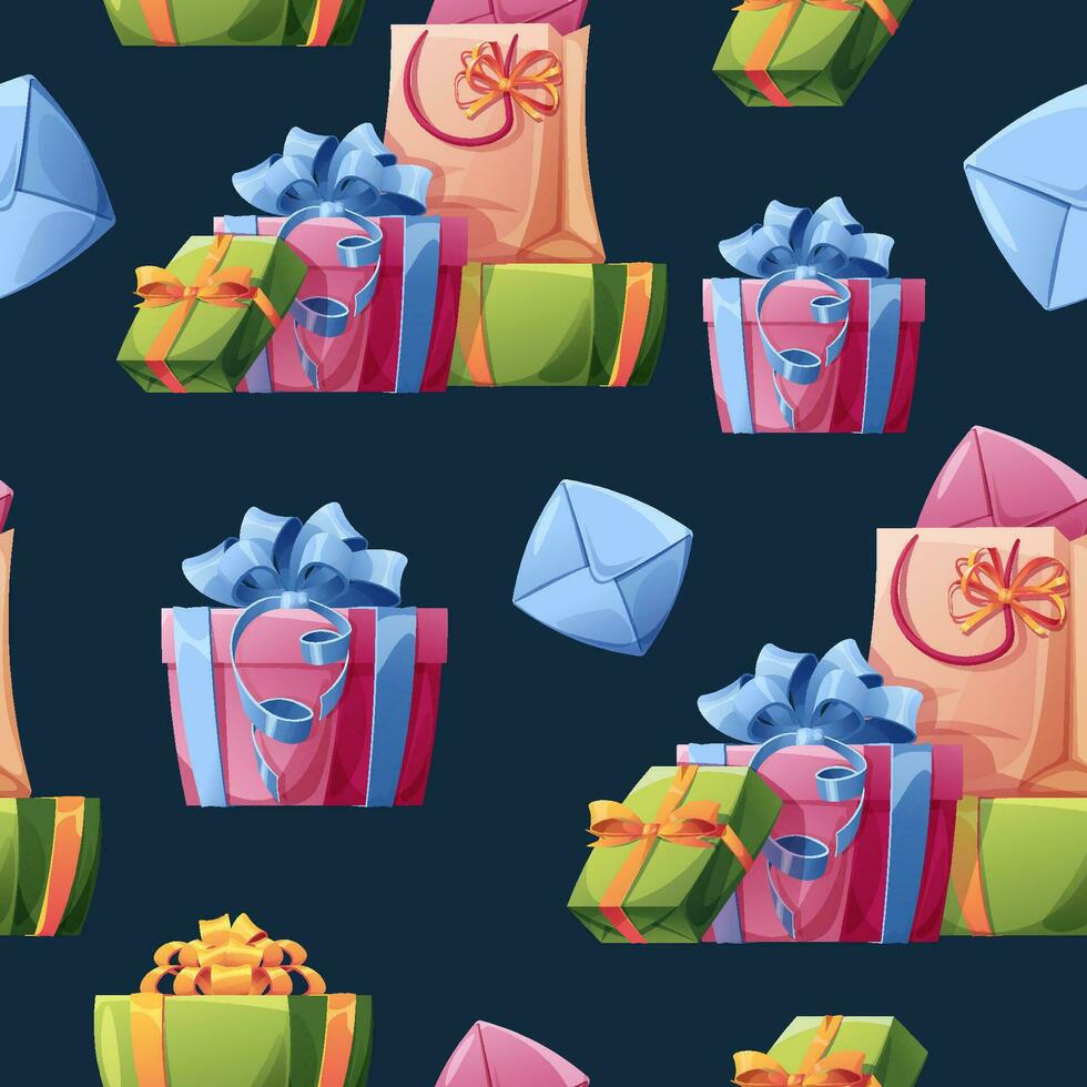 Seamless pattern with gift box, confetti, serpentine. Background with festive items for birthday. Festive texture for wrapping paper, cards, fabric, wallpaper. vector