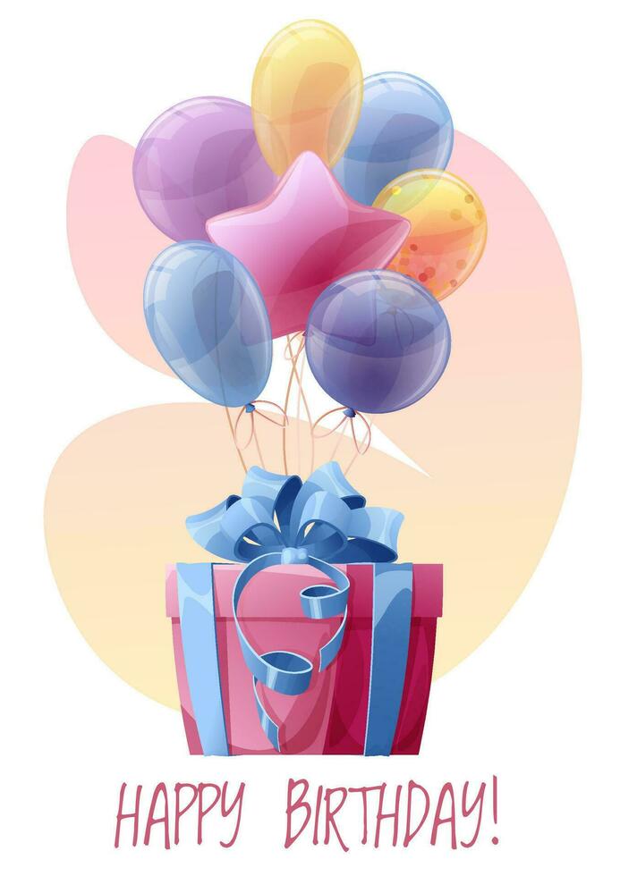 cumpleaños saludo tarjeta modelo. bandera, volantes con un manojo de globos y un regalo caja. contento cumpleaños invitación diseño para día festivo, aniversario, fiesta vector