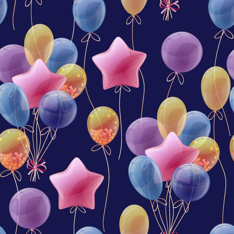 Seamless pattern with multi-colored balloons with a star. Cute print with helium balloon decoration. Festive texture for wrapping paper, cards, fabric, wallpaper. vector