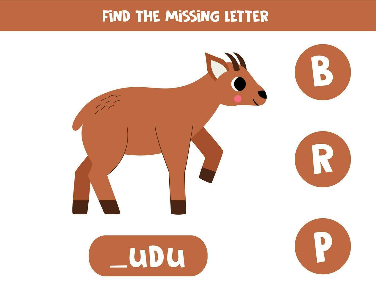Find missing letter with cartoon pudu deer. Spelling worksheet. vector