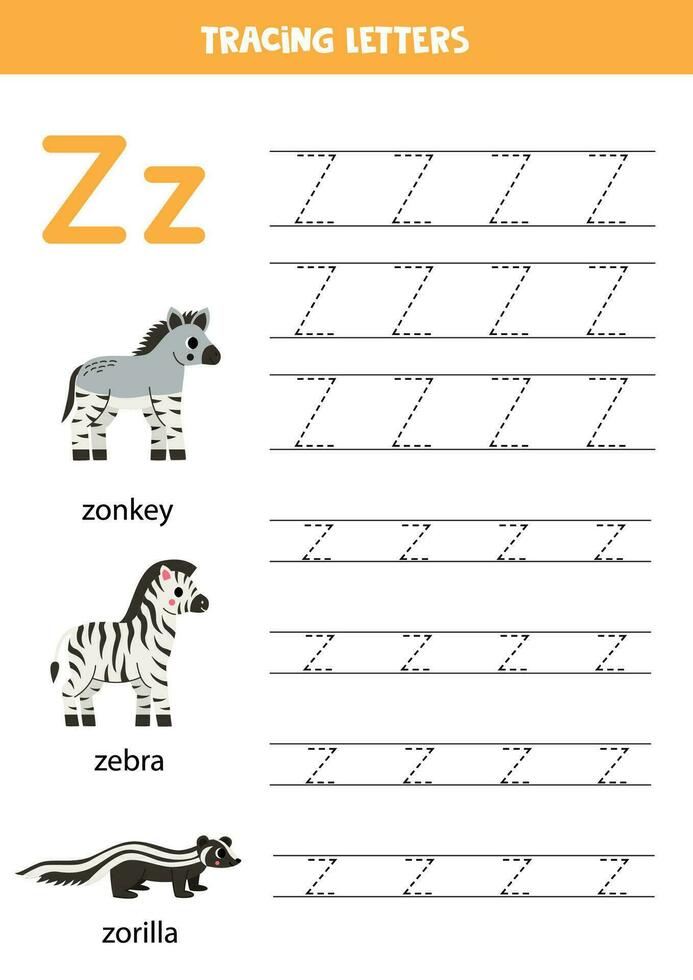 Tracing alphabet letters for kids. Animal alphabet. Letter z is for zebra zonkey zorilla. vector