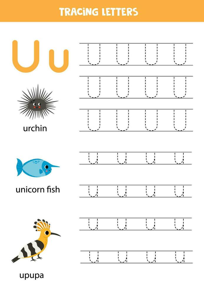 Tracing alphabet letters for kids. Animal alphabet. Letter u is for urchin unicorn fish upupa. vector