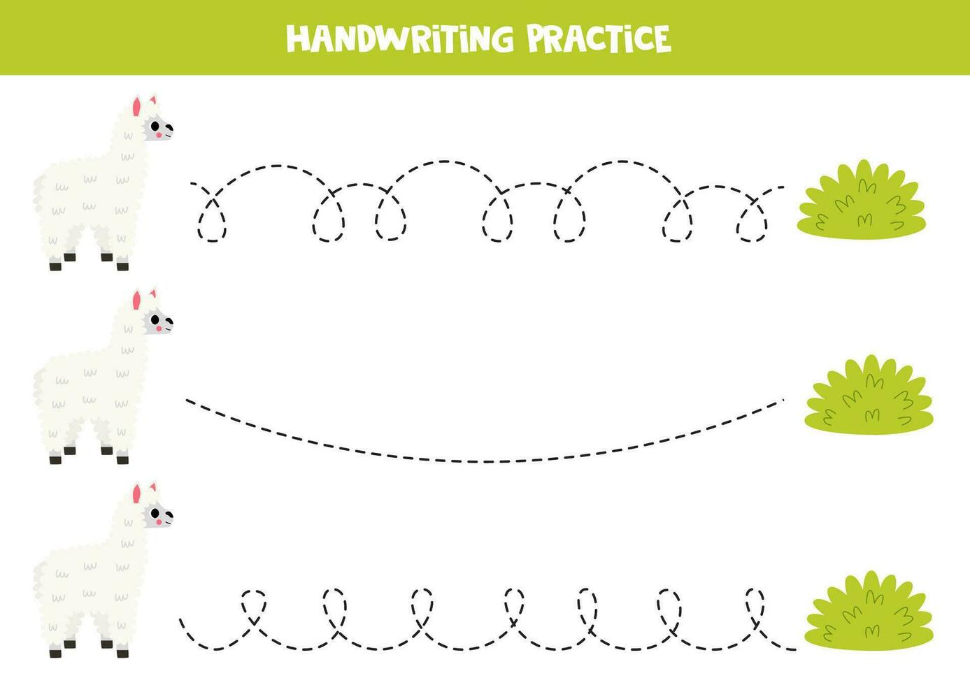 Tracing lines for kids. Cute cartoon alpaca and bush. Handwriting practice. vector