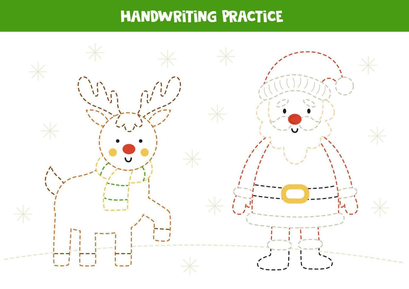 Tracing lines for kids with cute Santa Claus and reindeer. Writing practice. vector