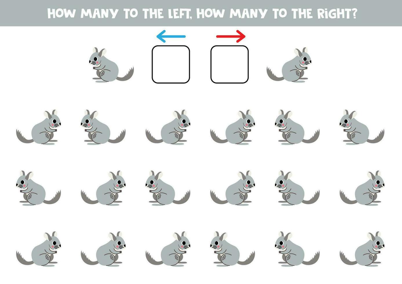 Left or right with cute cartoon gray chinchilla. Logical worksheet for preschoolers. vector