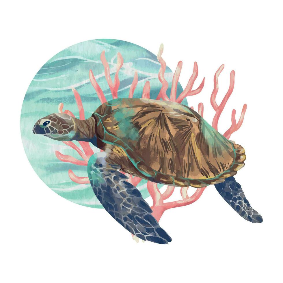 Sea turtle, pink corals. Vector sea illustration in watercolor style. Design element for greeting cards, invitations, covers, themed flyers and banners.
