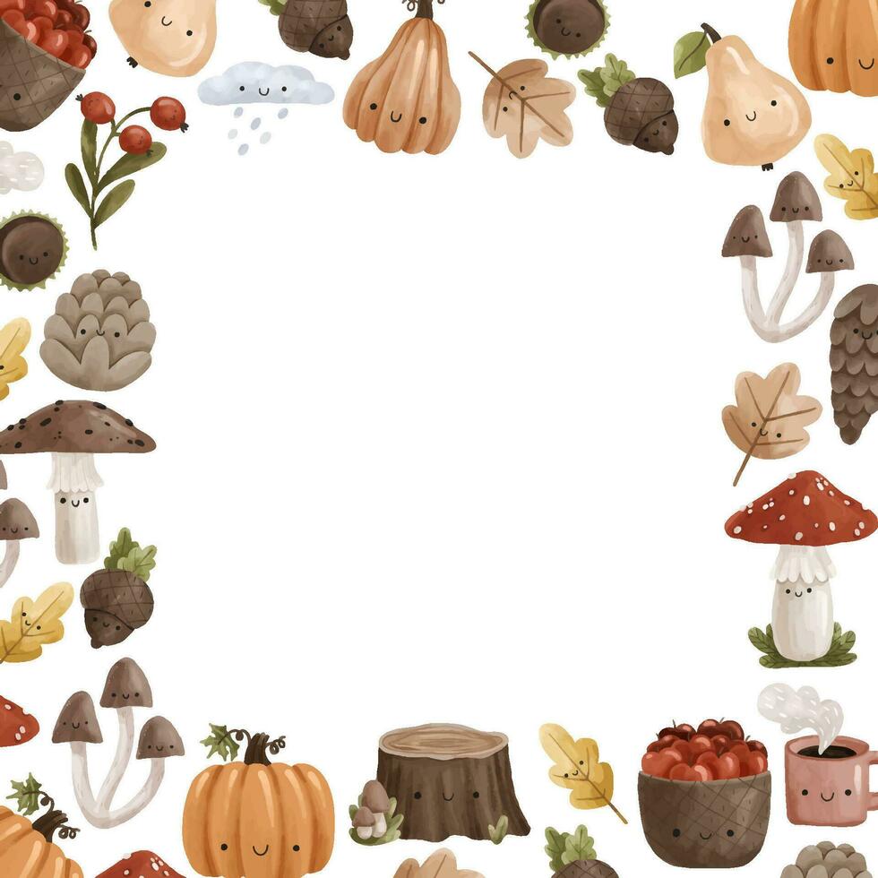 Autumn forest. Square border template with mushrooms, acorns, pu vector