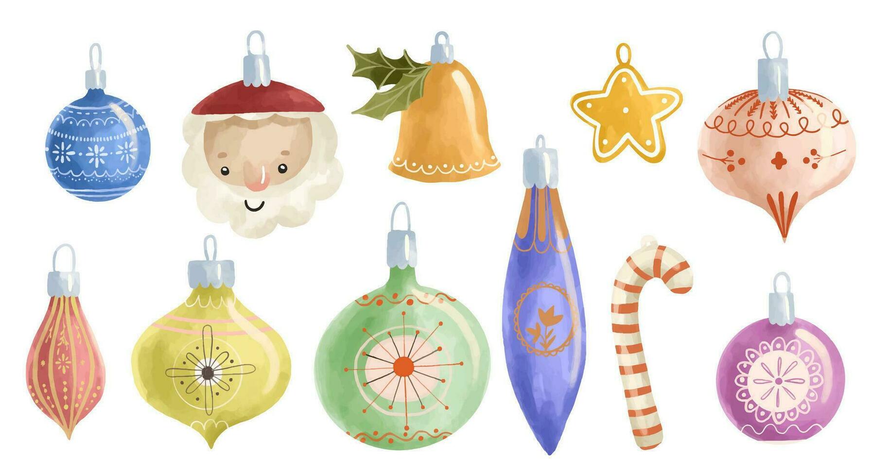 New year and Christmas toys on spruce. Childish hand painted ill vector
