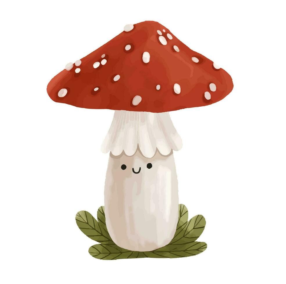 funny cartoon hand painted forest mushrooms with faces. Childish illustration vector