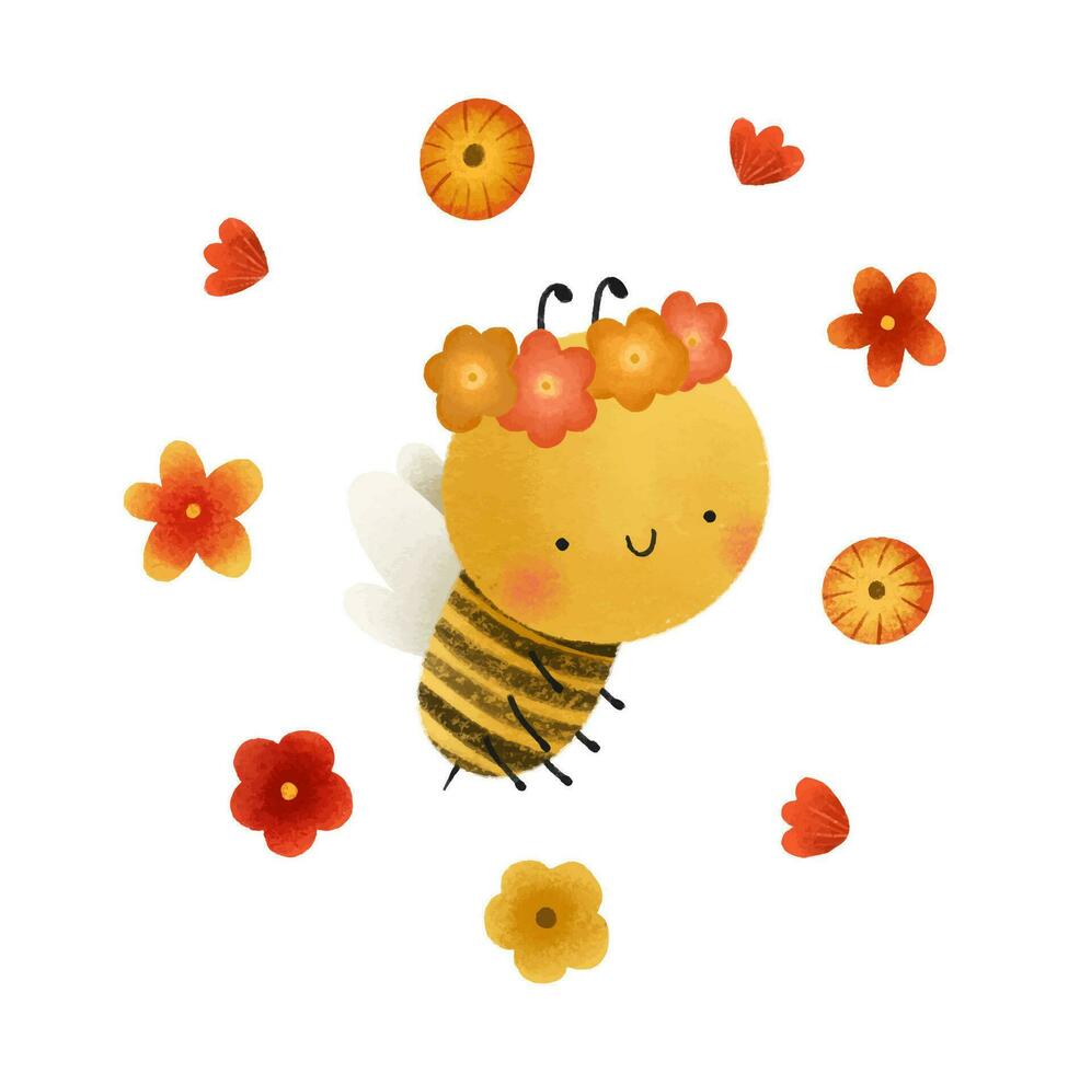 pequeño miel abeja con flor guirnalda. linda infantil mano pintado ilustración vector