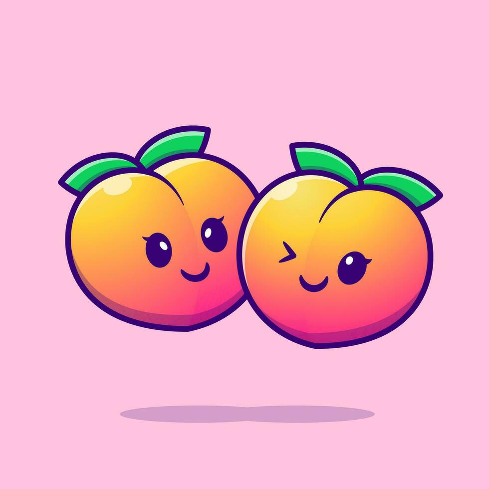 Cute Couple Peach Fruit Cartoon Vector Icon Illustration.  Food Nature Icon Concept Isolated Premium Vector. Flat  Cartoon Style