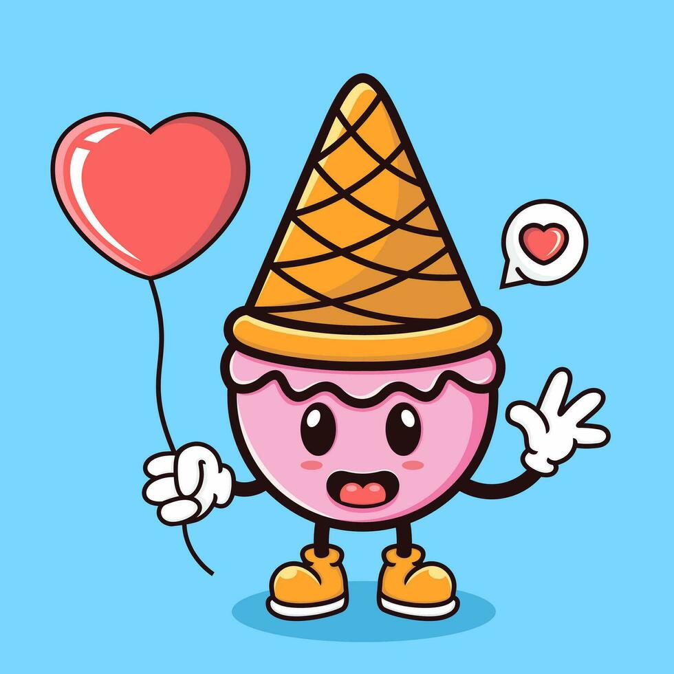 cute cartoon ice cream holding a heart balloon vector