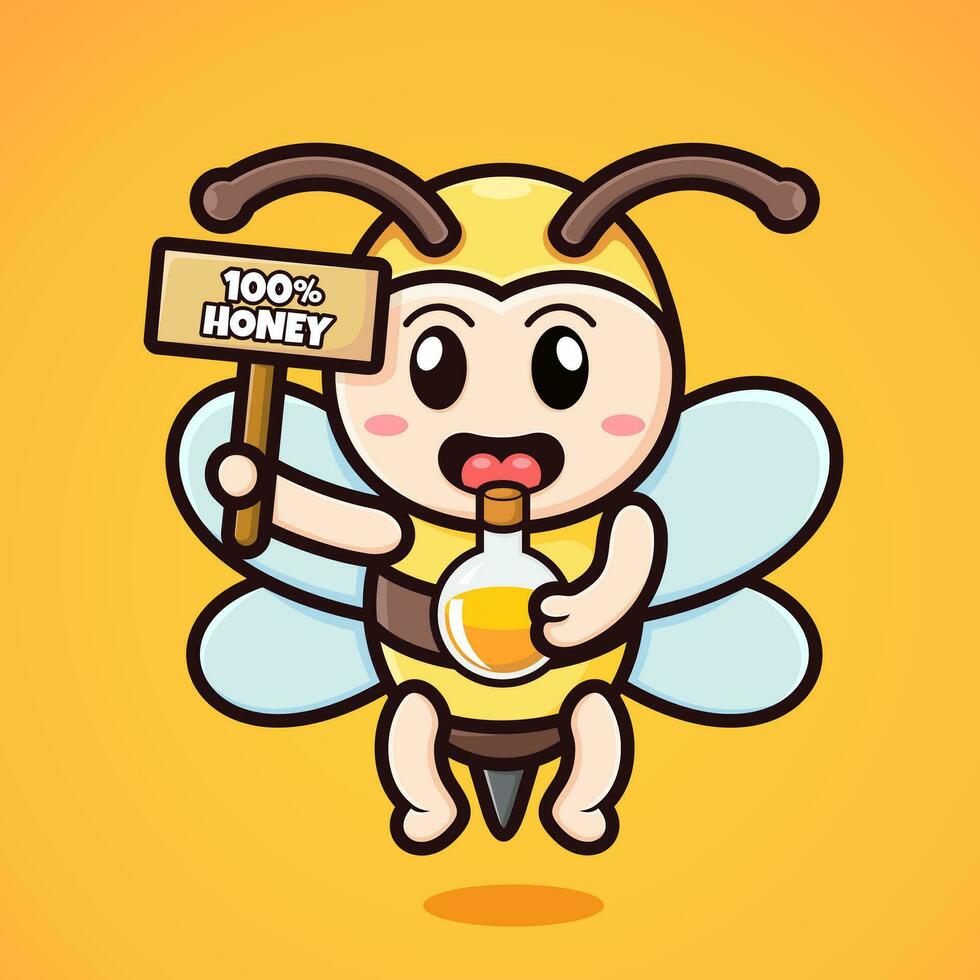 Cute cartoon bee holding a board and showing the quality of honey vector