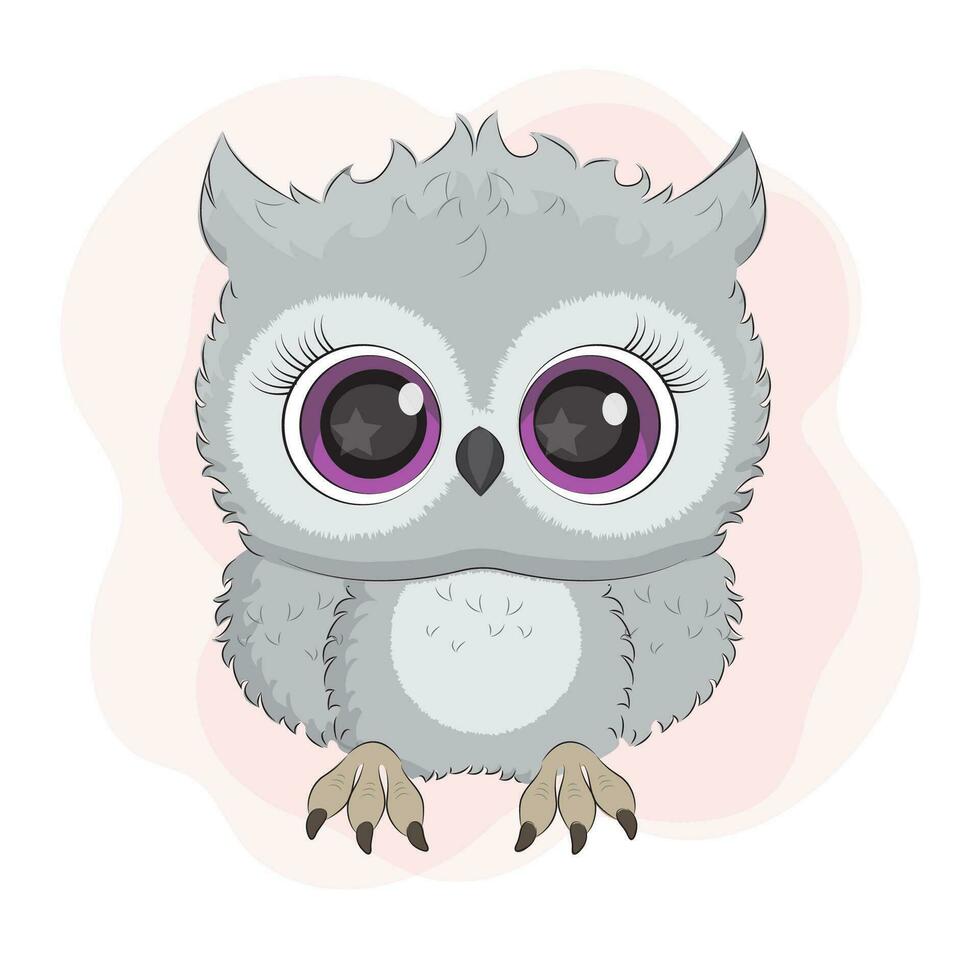 Cute cartoon owl on pink and white background, print, kids sticker, vector illustration