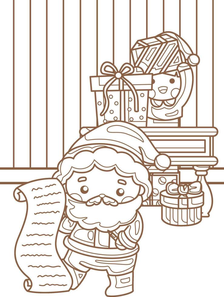 Papa Noel claus y duende preparar Navidad dibujos animados fiesta colorante actividad para niños y adulto vector