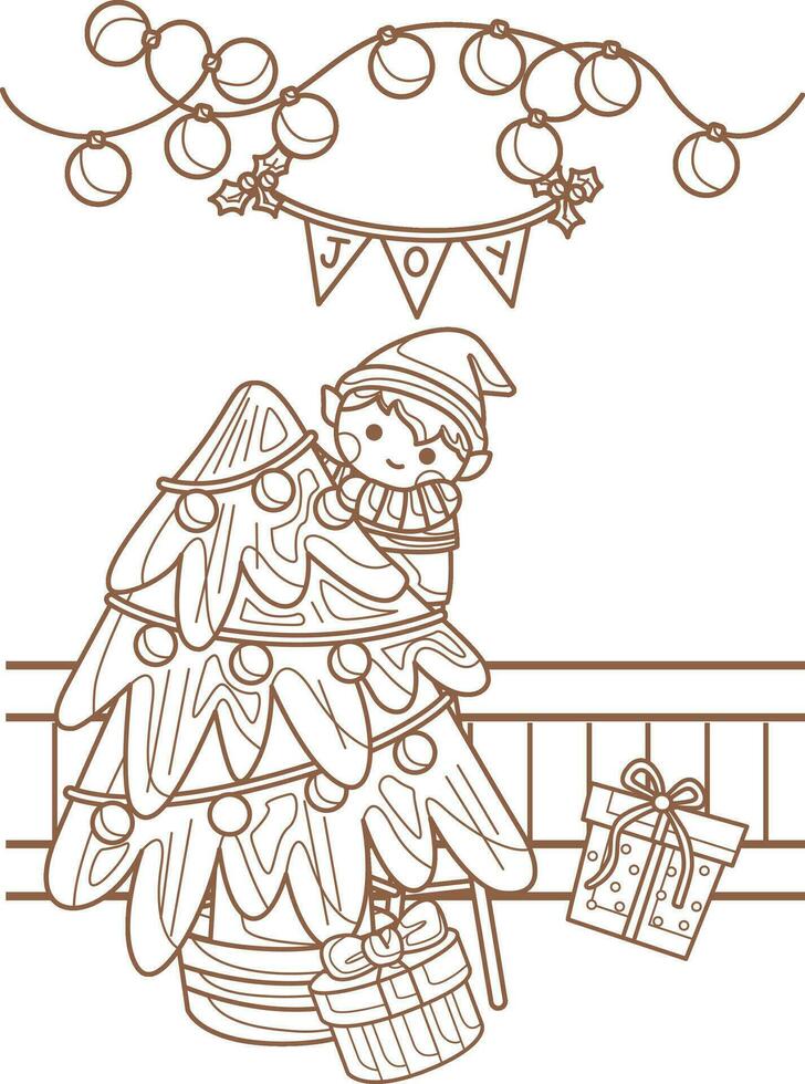 Christmas Tree and Cute Elf Character Cartoon Holiday Coloring Activity for Kids and Adult vector