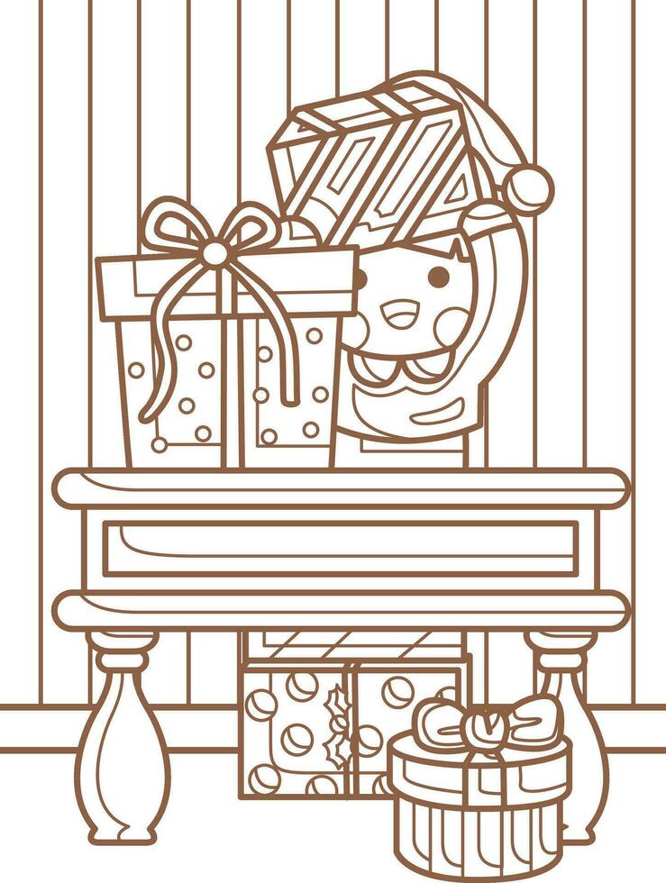 Happy Elf and Christmas Gift Cartoon Holiday Coloring Activity for Kids and Adult vector