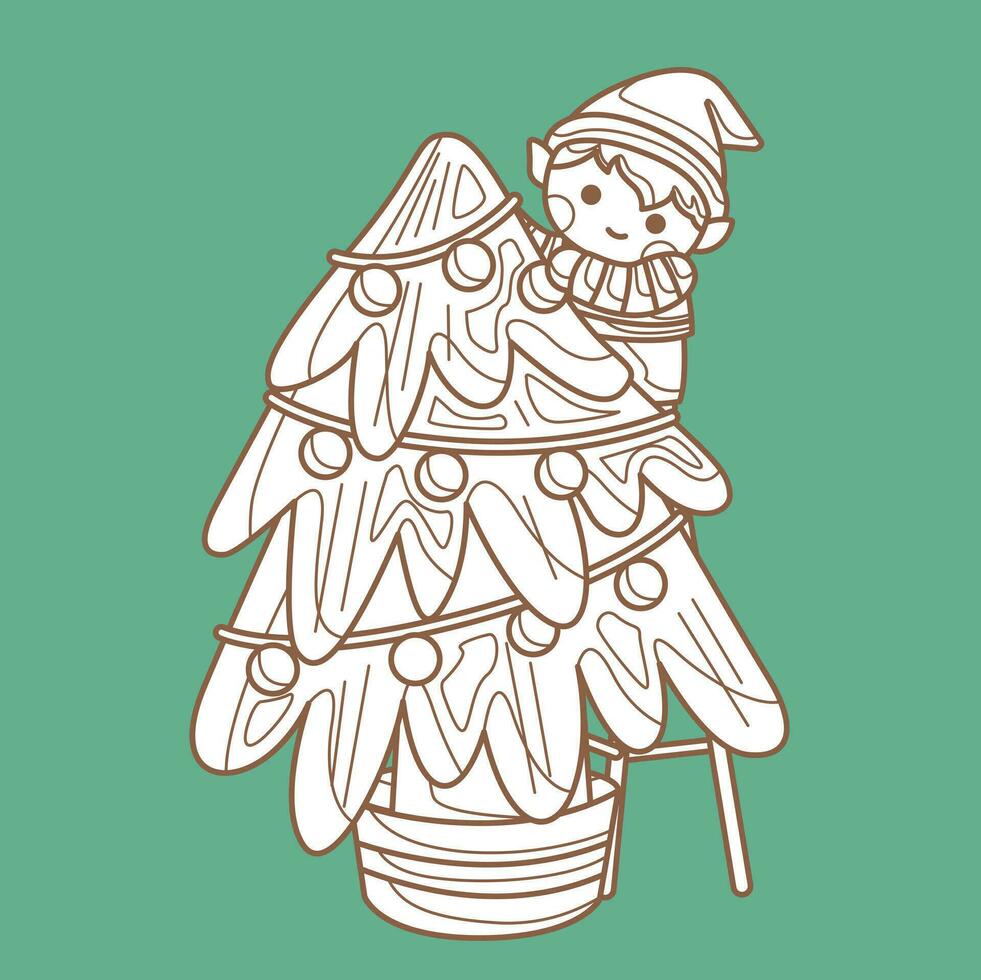 pequeño duende decorado Navidad árbol dibujos animados digital sello contorno vector