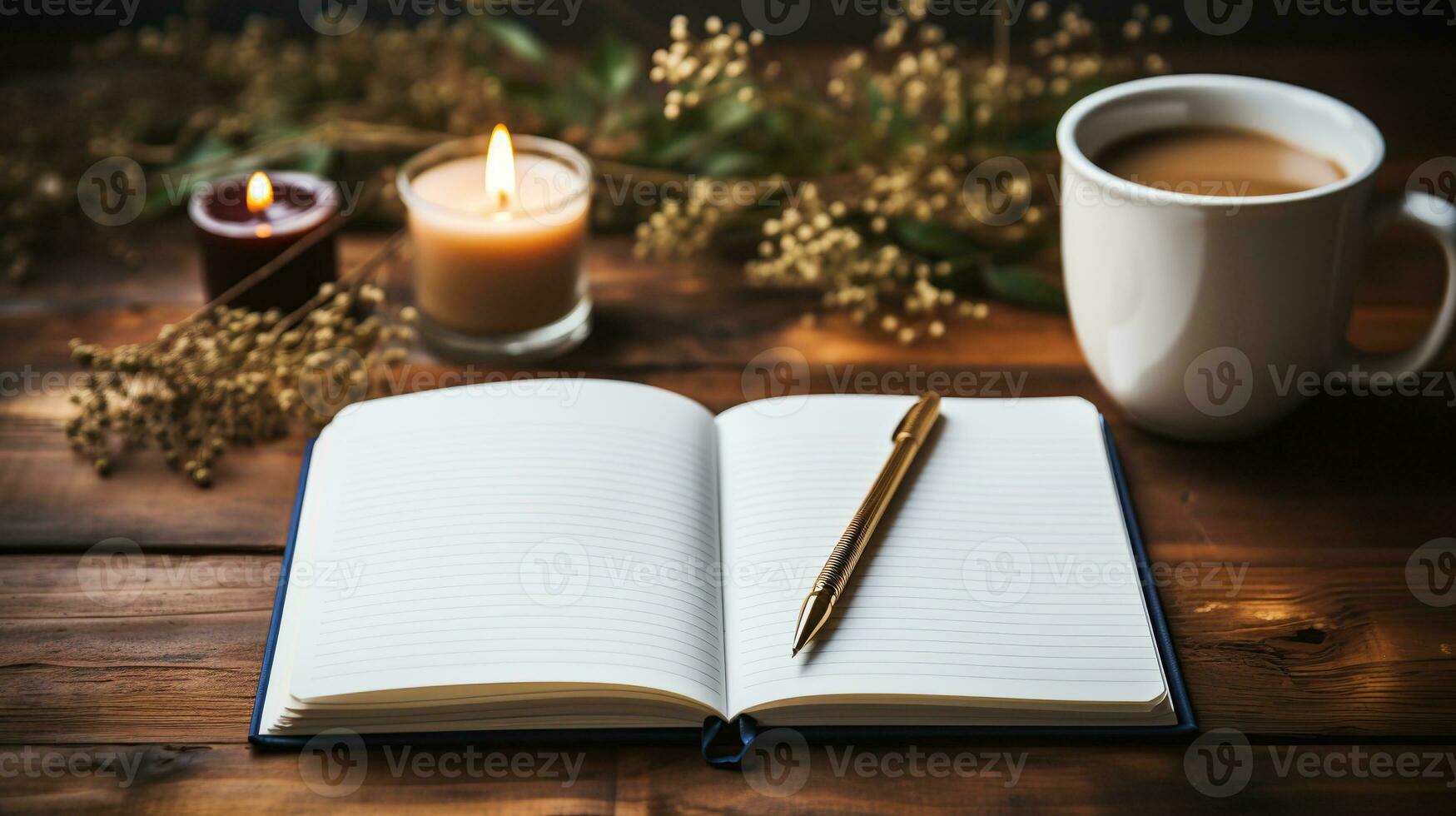 AI generated Top view of blank notebook, pen, coffee cup light background. Creative workspace office. Business concept. Created with Generative AI photo