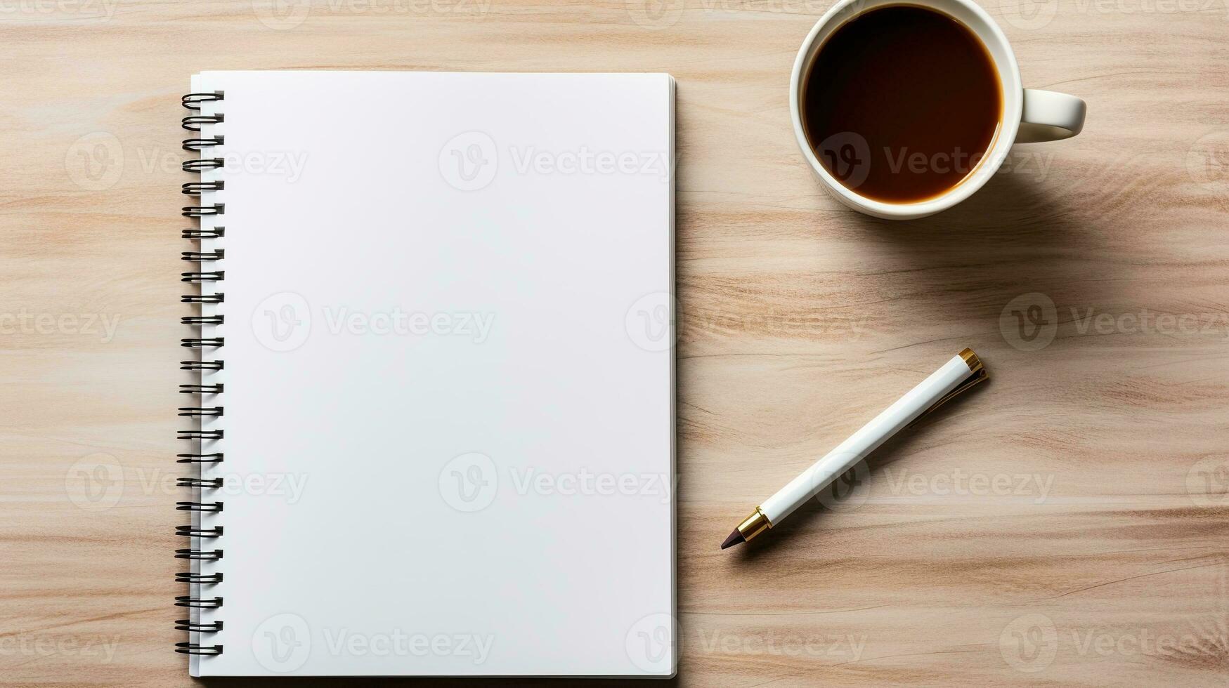 AI generated Top view of blank notebook, pen, coffee cup light background. Creative workspace office. Business concept. Created with Generative AI photo