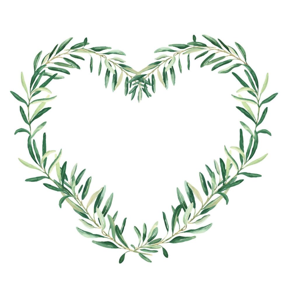 Watercolor olive heart shaped wreath. Hand drawn botanical illustration. Can be used for cards, logos and food design. vector