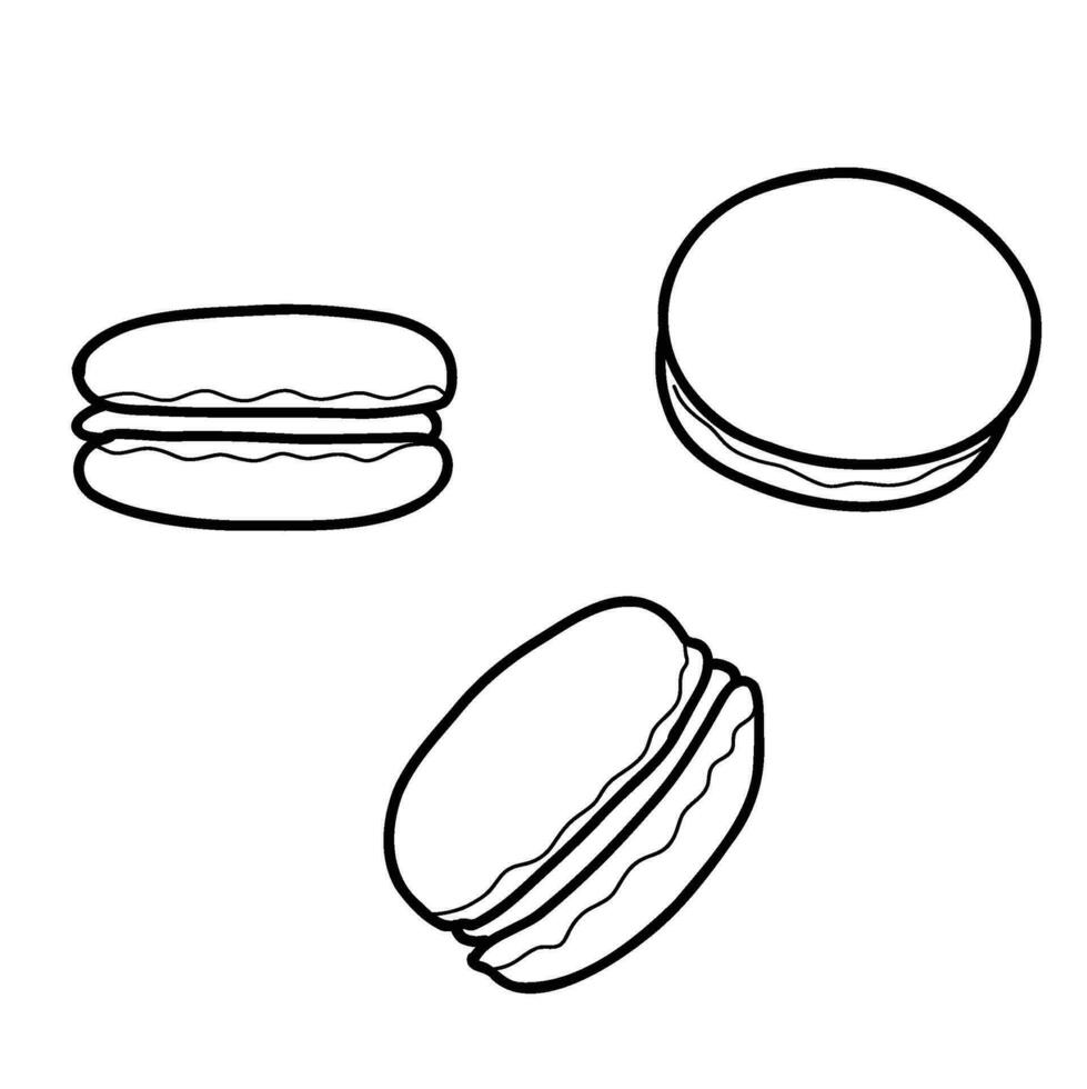 Macaroon cakes icons, vector illustration in doodle style. Line art hand drawn sweet pastries isolated elements. For cafe menu or or confectionery packaging label.