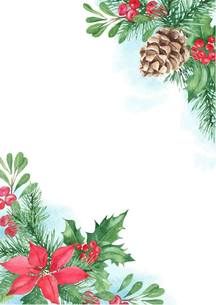 Christmas card template with pine cone and branches, holly plant with red berries, poinsettia and cowberry or lingonberry. Blue watercolor splashes. For save the date or greeting cards. vector