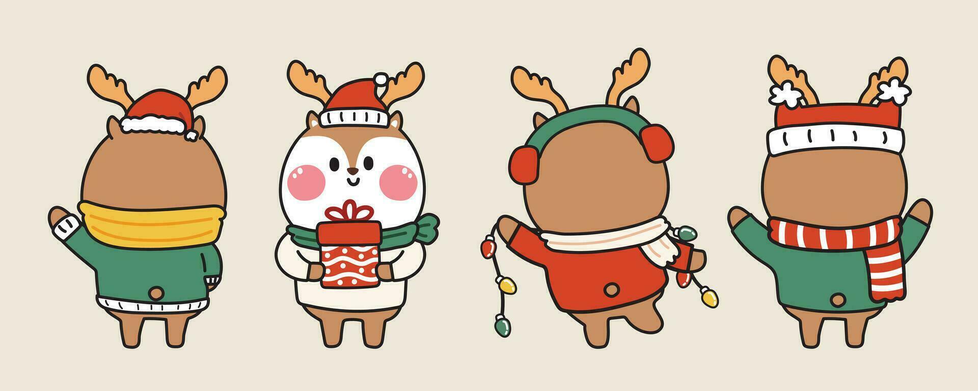 conjunto de linda detrás ciervo en varios poses.feliz Navidad concepto.animal personaje dibujos animados diseño colección.invierno.nueva año.kawaii.vector.ilustracion. vector