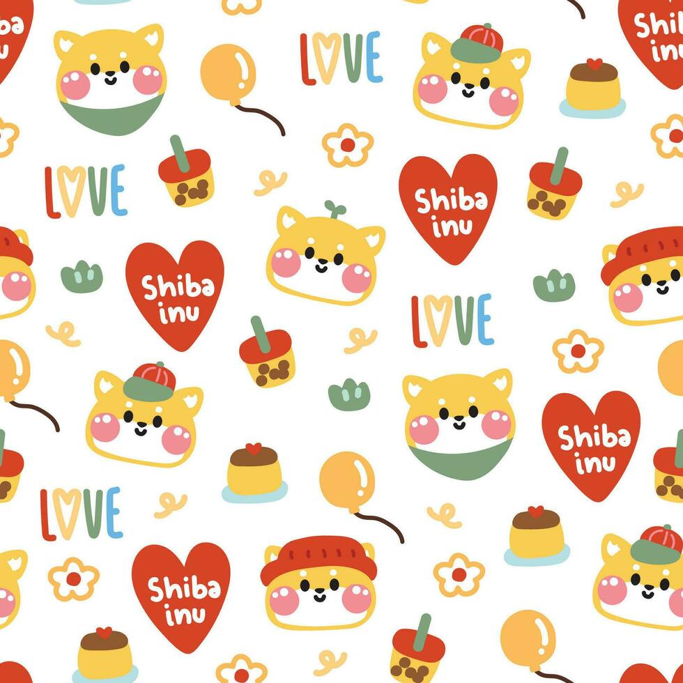 Seamless pattern of cute shiba inu dog face with tiny icon on white background.Colorful.Japanese pet animal cartoon design.Baby clothing.Kawaii.Vector.Illustration. vector