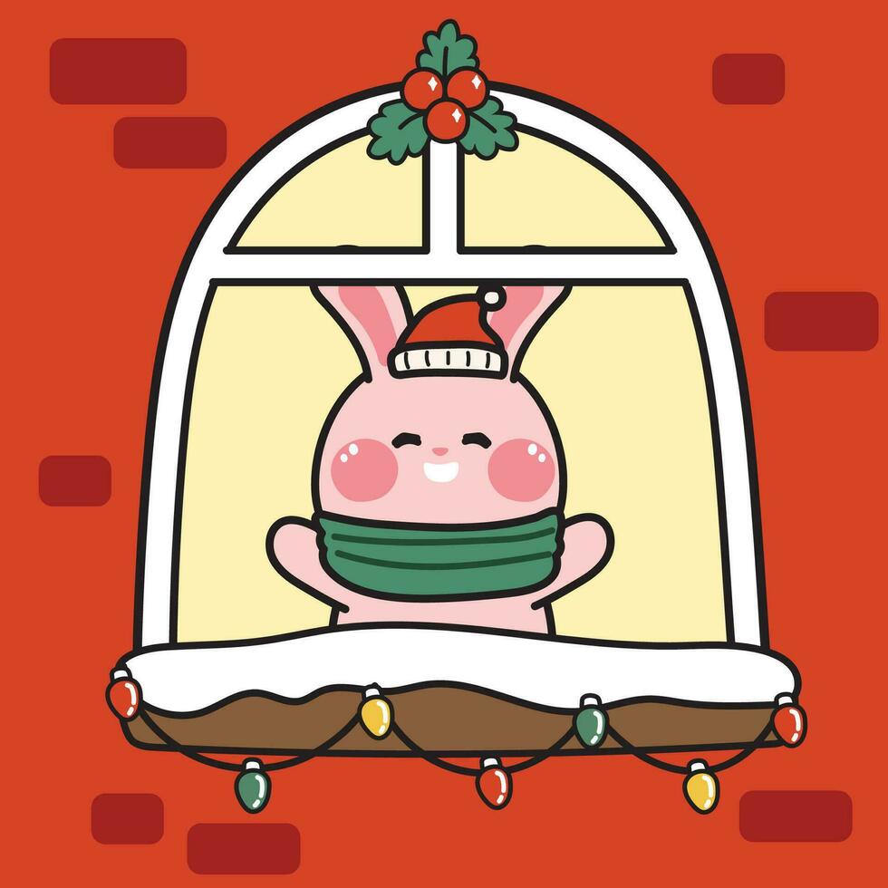 Cute rabbit wear santa hat stay in window.Merry christmas concept.New year.Winter.Snow.Animal character cartoon deign.Kawaii.Vector.Illustration. vector