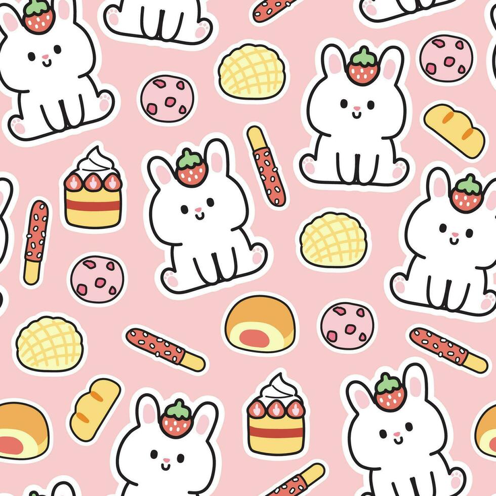 Seamless pattern of cute rabbit sit with bakery icon on pink background.Rodent animal character cartoon design.Strawberry,cookies,bread,cake hand drawn.Kawaii.Vector.Illustration. vector
