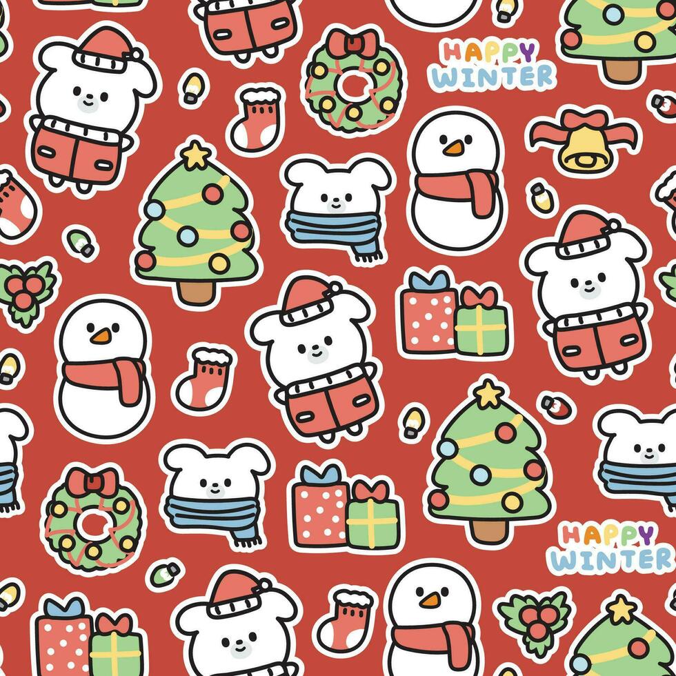 Seamless pattern of cute dog santa with merry christmas icon on red background.Pet animal character cartoon design.Sock,christmas tree,gift box,light,snowman hand drawn.Winter.Kawaii.Vector. vector