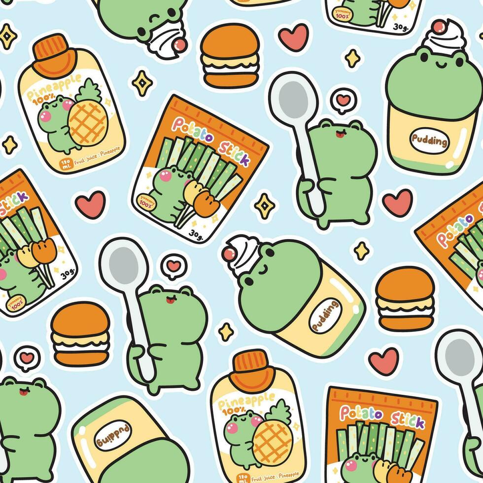 Seamless pattern of cute frog background.Sweet and dessert concept.Macaron.Pudding.Pineapple juice.Reptile animal charatcer cartoon design.Kawaii.Vector.Illustration. vector