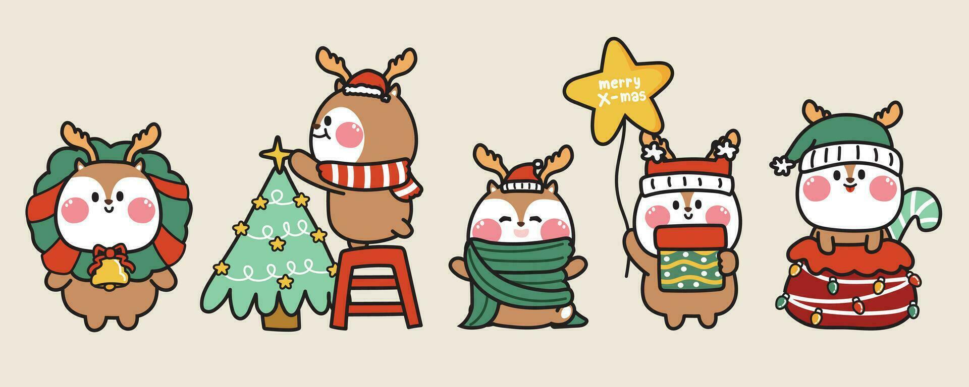 Set of cute deer wear santa hat in various poses.Merry christmas concept.Winter.New year festival.Animal cartoon character design collection.Kawaii.Vector.Illustration. vector