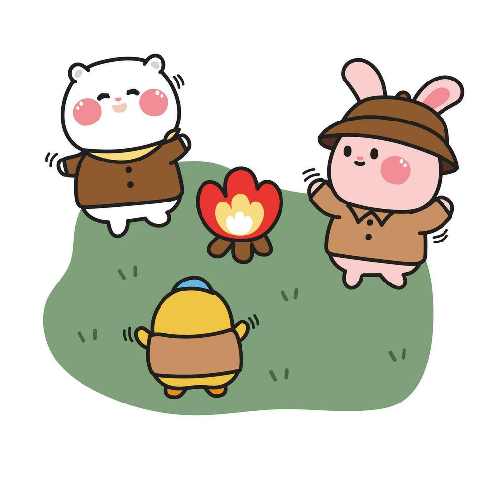 linda animal danza alrededor hoguera en el selva.camping en el bosque.oso,conejo,pollo mano dibujado.dibujos animados personaje diseño.kawaii.vector.ilustracion. vector