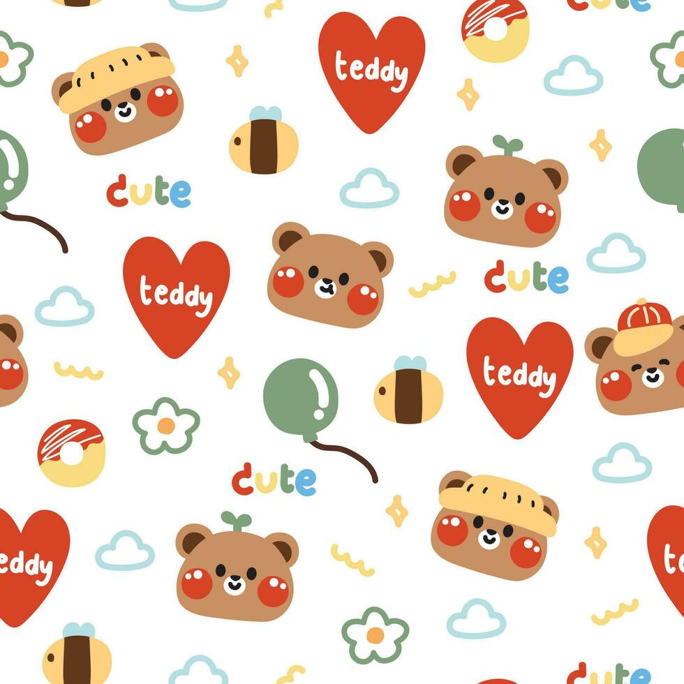 Seamless pattern of cute teddy bear face with tiny icon on white background.Colorful. vector