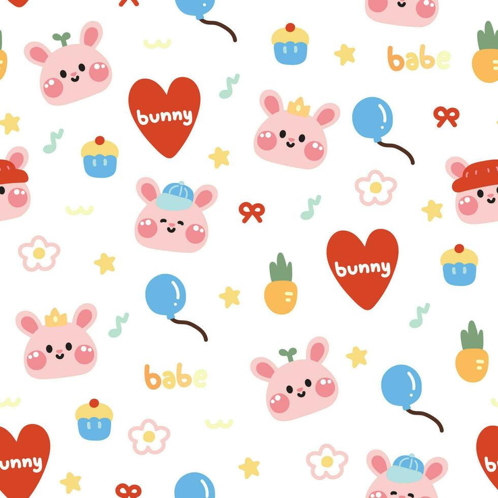 Seamless pattern of cute rabbit face with tiny icon on white background.Colorful.Rodent animal cartoon design.Heart,cupcake,star,flower,bow,balloon,carrot.Baby clothing.Kawaii.Vector.Illustration. vector