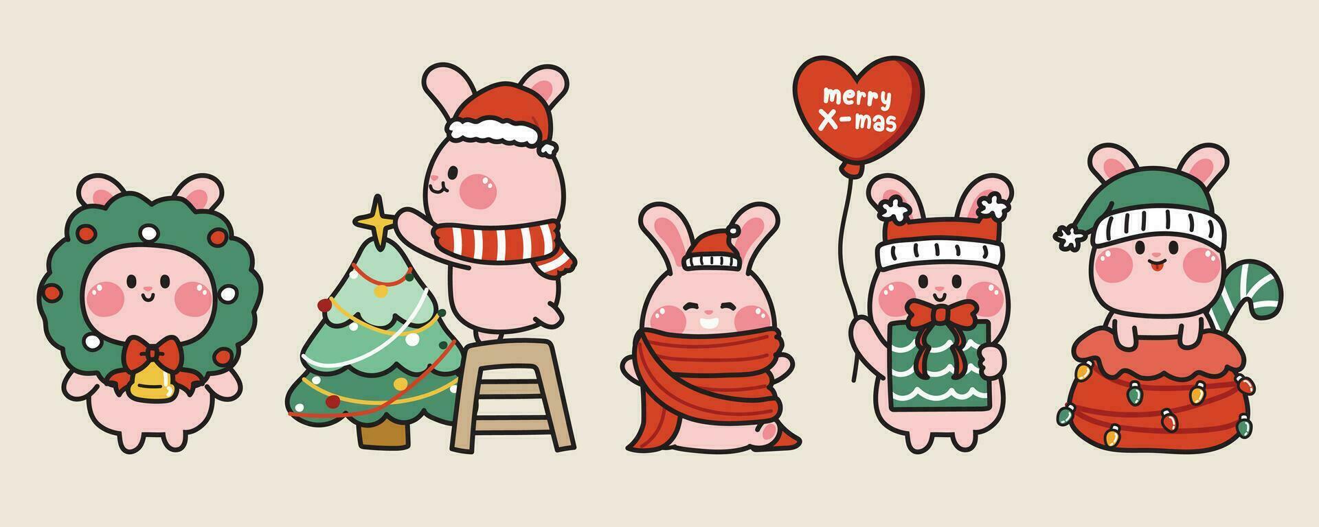 conjunto de linda Conejo vestir Papa Noel sombrero en varios poses.feliz Navidad concepto.animal personaje dibujos animados diseño colección.invierno.nueva año.kawaii.vector.ilustracion. vector