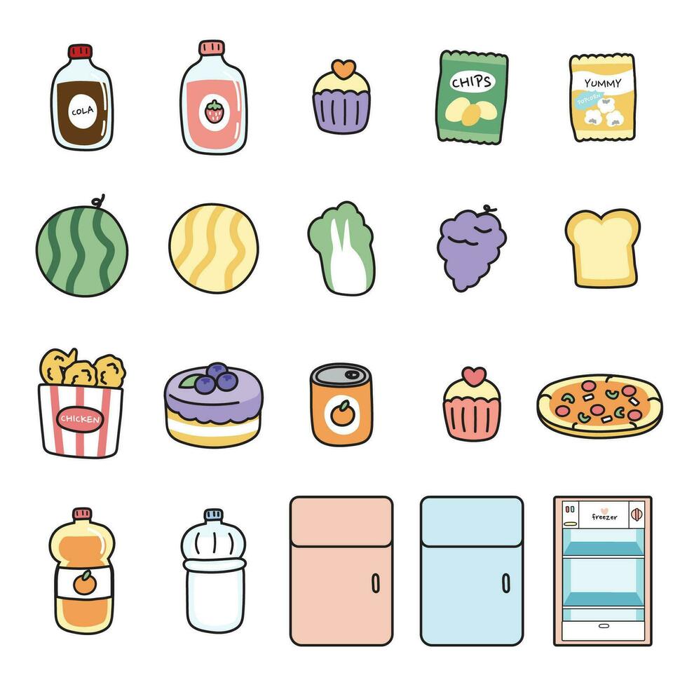 Set of cute icon food and beverage.Cartoon hand drawn collection.Drink,cup cake,snack,fruit,refrigerator,juice,bread design.Kawaii.Vector.Illustration. vector