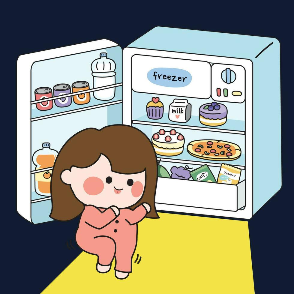 Cute girl walk to open refrigerator in kitchen room at night because hungry.Cartoon funny character design.Hand drawn.Kid.Child.Kawaii.Vector.Illustration. vector