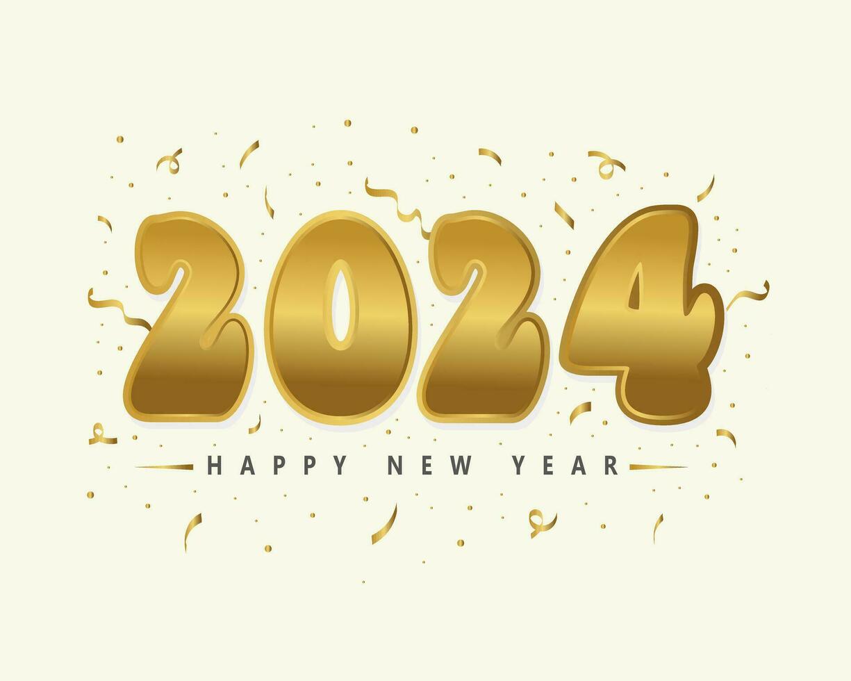 2024 Happy New Year greeting card vector template. Golden numbers with confetti realistic illustration on black background.