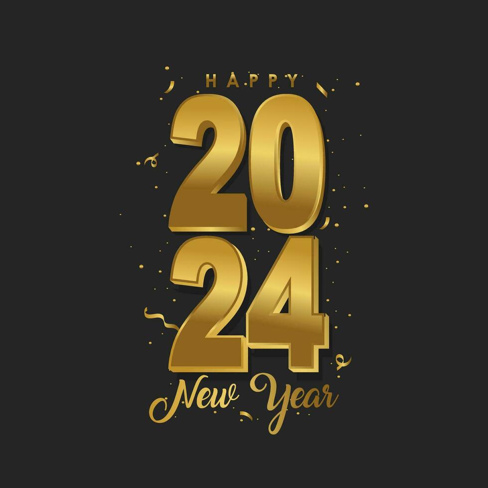2024 Happy New Year greeting card vector template. Golden numbers with confetti realistic illustration on black background.