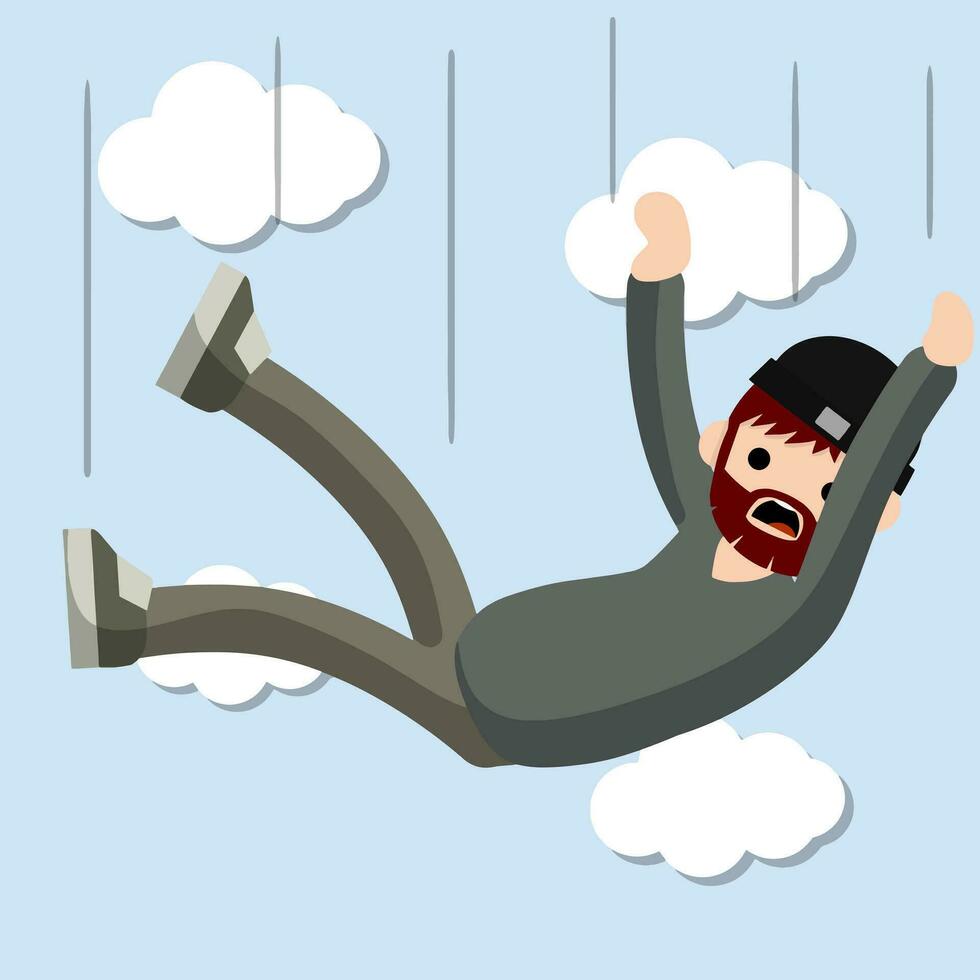 Falling man. horror and fear of heights - phobia Acrophobia. Cartoon flat illustration. Flight among clouds. Drop young guy vector