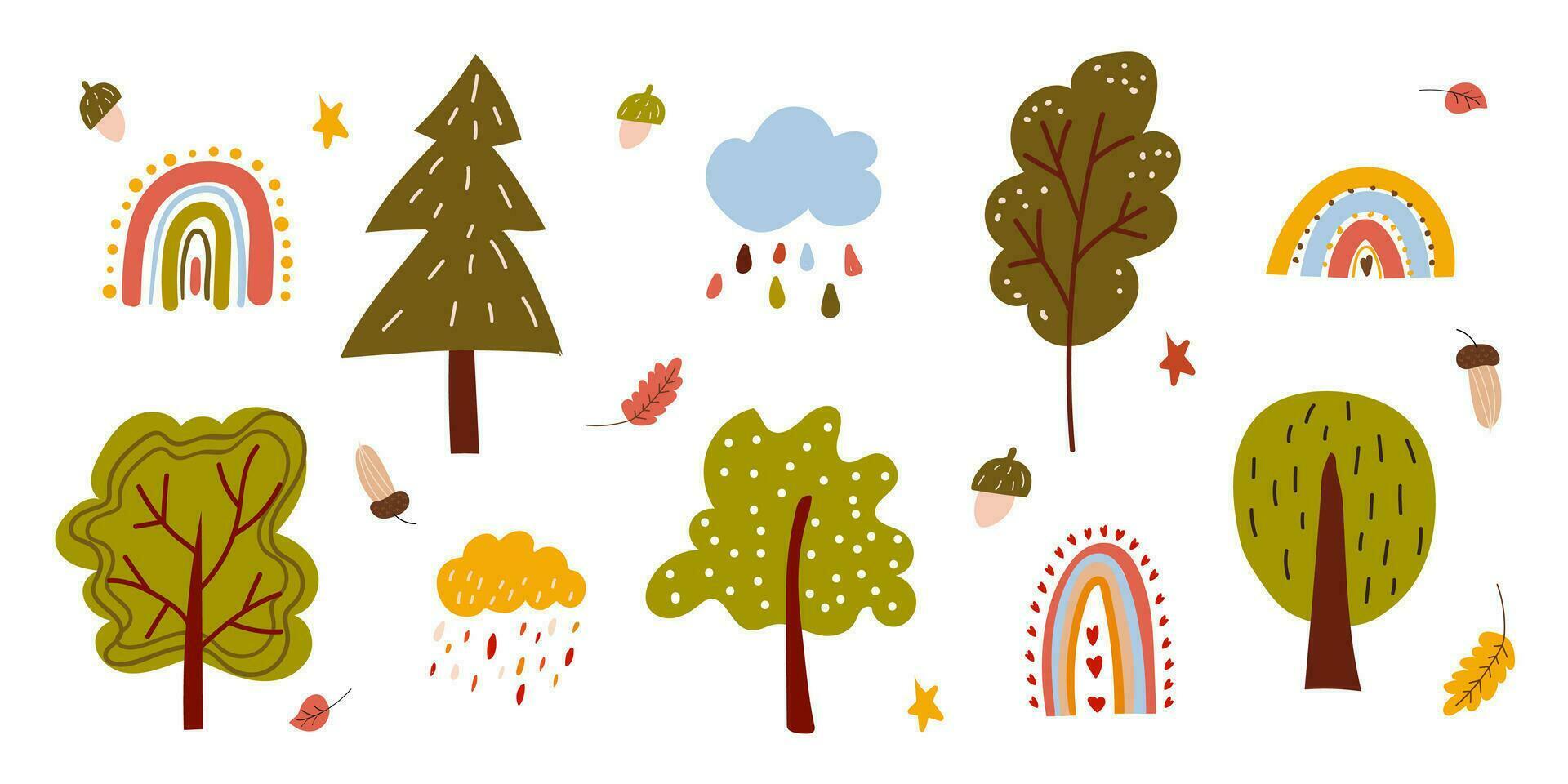 Vector trees, rainbows, clouds in doodle style. Cute set of elements for scrapbooking. Children's illustration. White isolated background. Banner, poster.