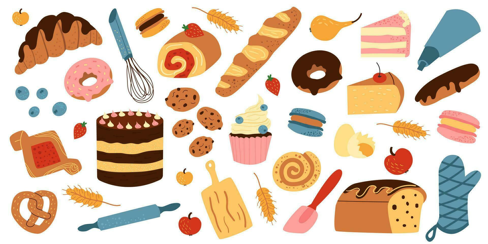 Vector set with sweet pastries in cartoon style. Baked goods and devices - French baguette, donut, croissant, bun, cake, cookies, eclair, macaron, cupcake, rolling pin, whisk. Hand drawn style.