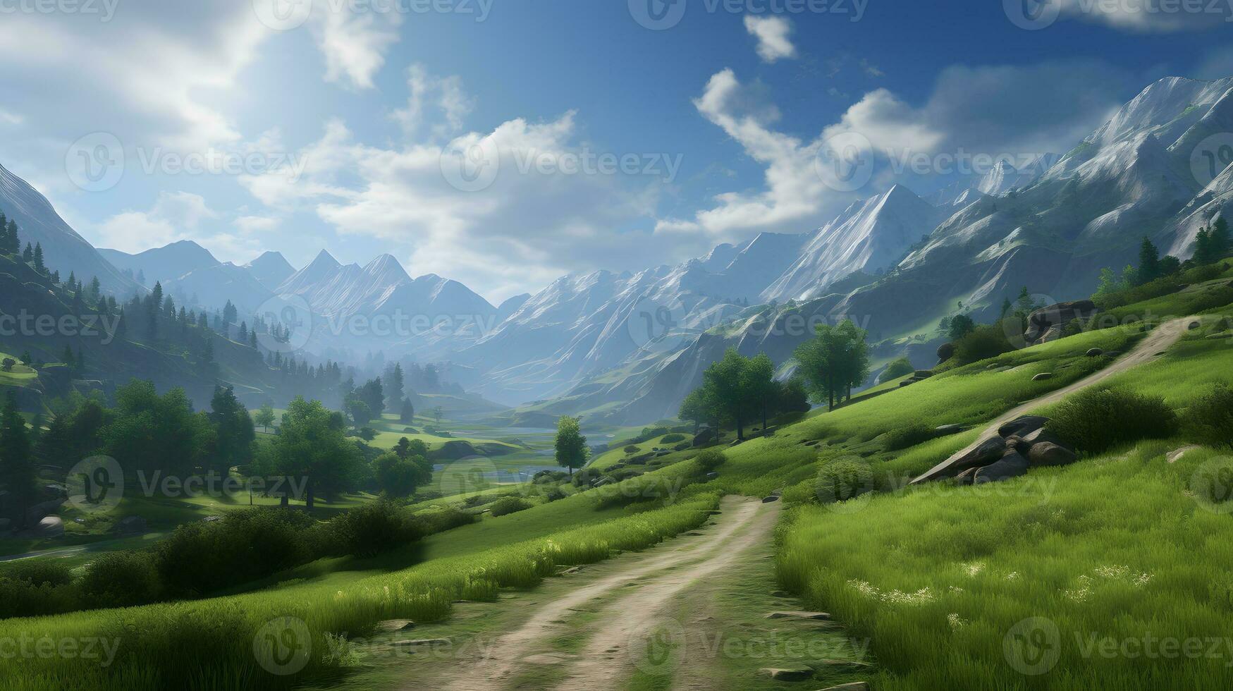 AI generated Beautiful mountain landscape with green grass and blue sky photo