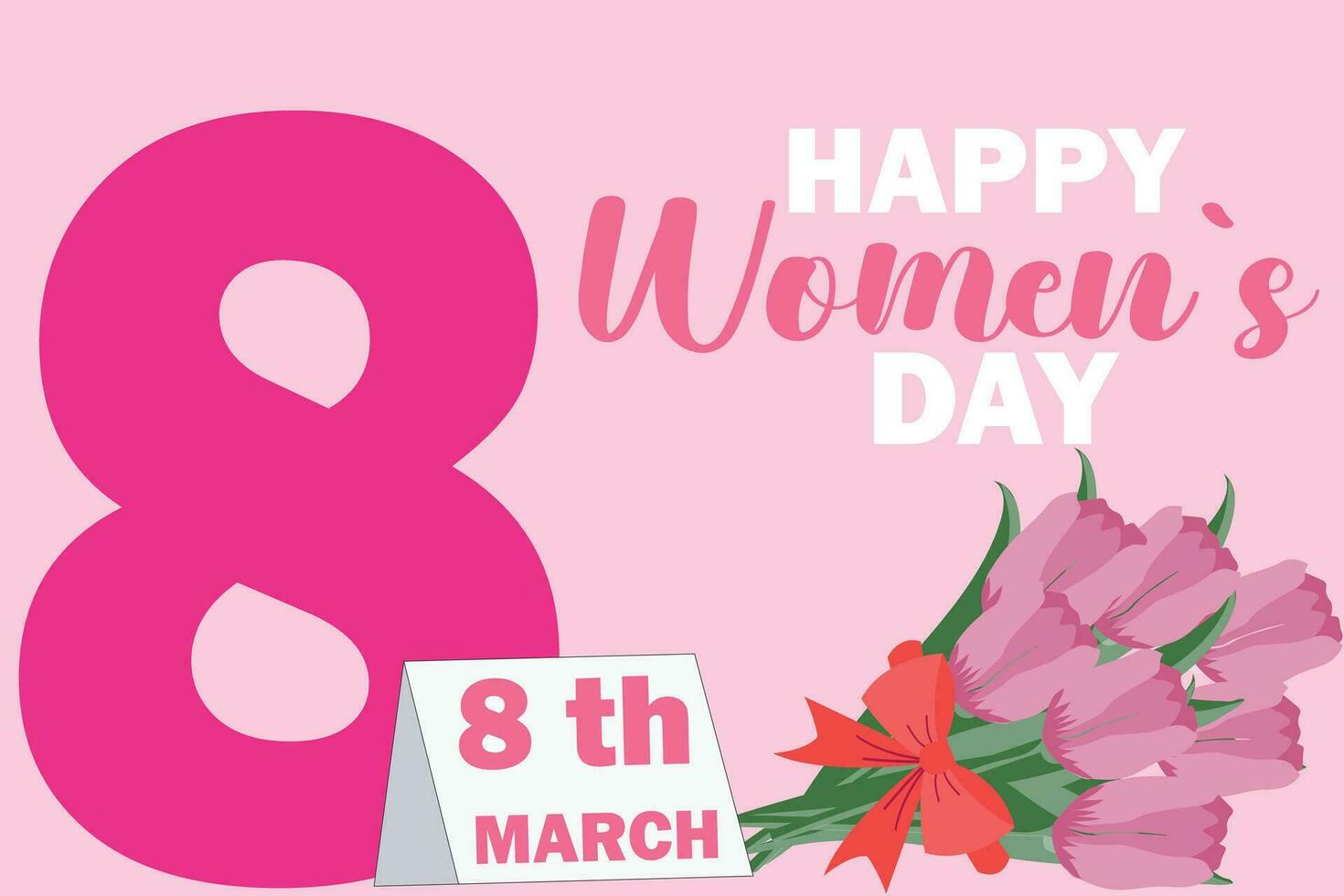 Happy women's day. Spring holiday design template with pink tulip for holiday card, invitation, social media post, banner, cover, poster. Hand drawn vector template.