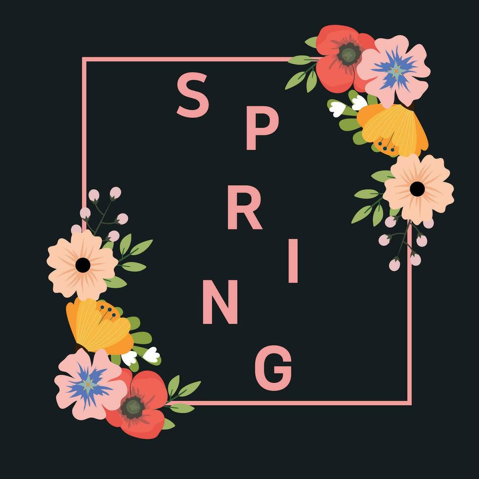 Spring Poster template with bright beautiful flowers and modern typography. Spring background, cover, sale banner, flyer design. Template for advertising, web, social media. vector